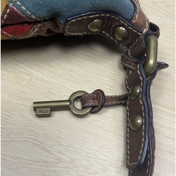 Fossil Multicolor Patches Suede w/ Tooled Floral Crossbody Bag Slingback - Picture 7 of 13